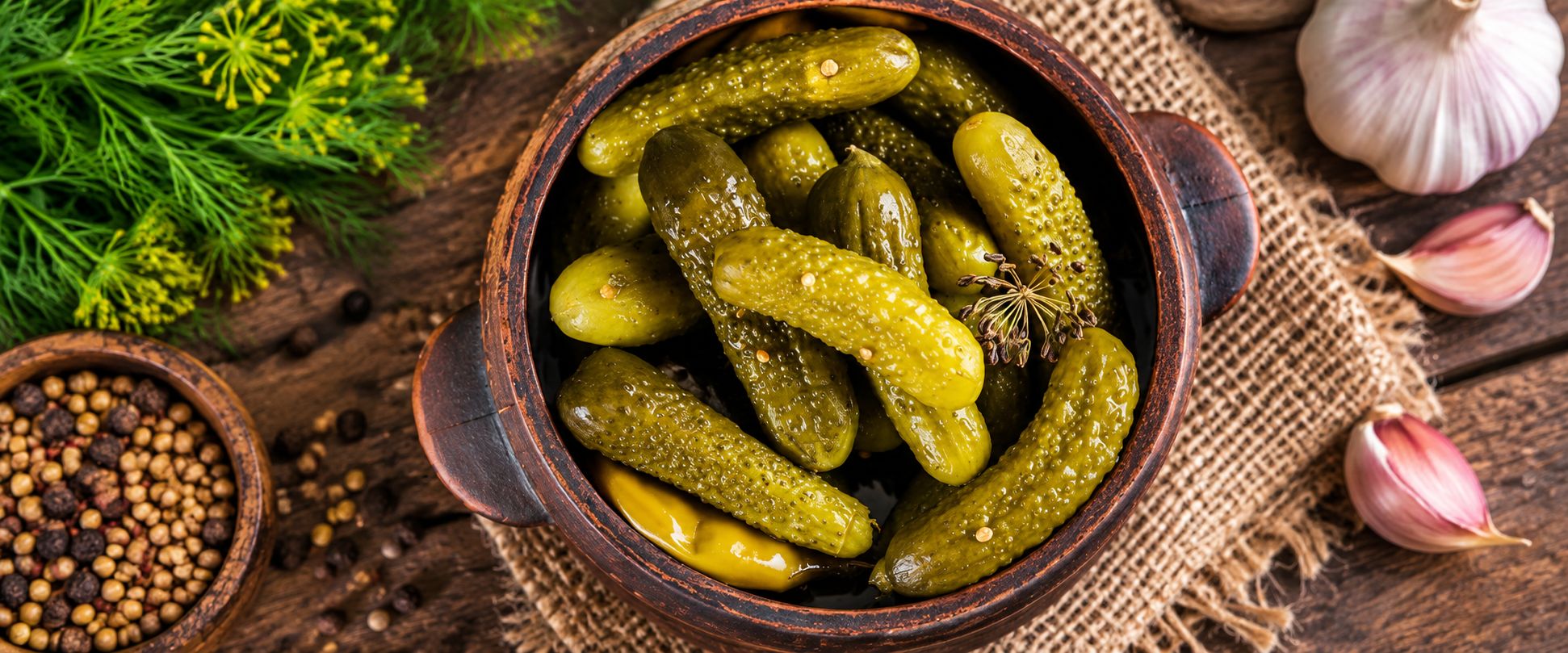 Pickled gherkins in a rustic bowl with dill, garlic, and pickling spices